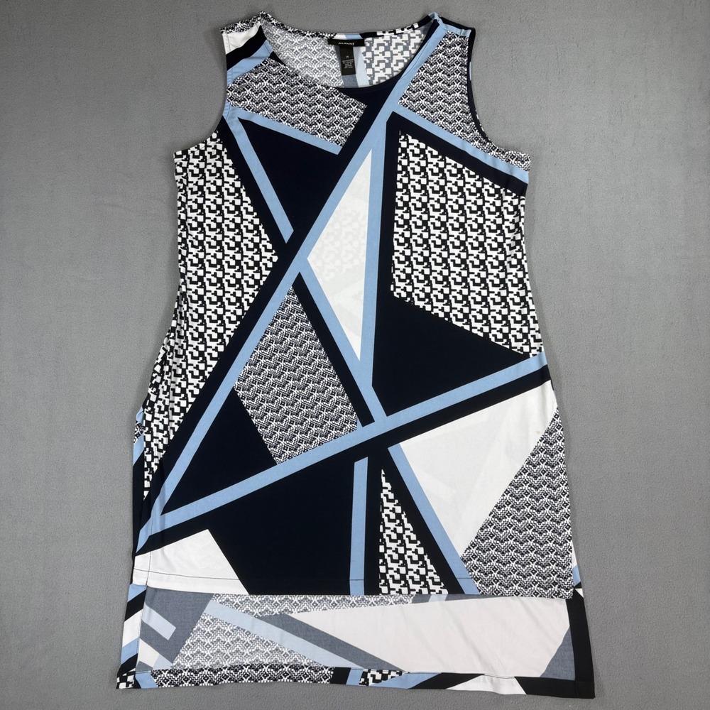 Alfani Tunic Top Womens Medium Blue Geometric Colorblock Good Asymmetrical Hem